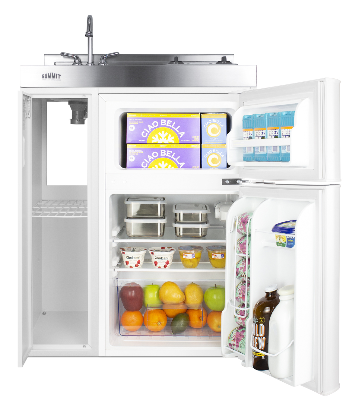 30 inch wide all-in-one kitchenette with 2-burner smooth-top 115V cooktop, refrigerator-freezer, sink, and storage cabinet